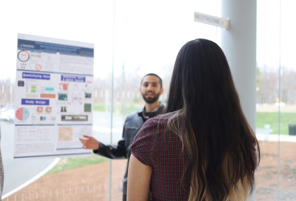 students pitching research projects and discussing their work during poster sessions